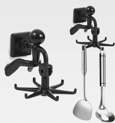 Produktbild von Hakenleiste für Küchenutensilien, 2 Stück 360°Drehbar Küche Hakenleiste, Kein Bohren Küchenhaken, Küchenutensilienhalter mit 6 Haken, für Küchenutensilien, Garderob, Bad (Schwarz)