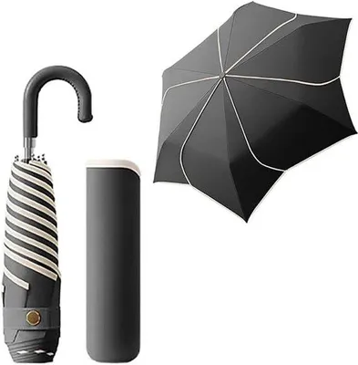 Produktbild von Kompakter Reise-Sonnenschirm mit Gürtelhaken aus Kunstleder / 6 Streben / transparent / leicht / UV-Schutz / Schutz vor Regen und Sonne / ideal für Handtaschen / mit Teflon-Beschichtung, geeignet für Damen und Kinder