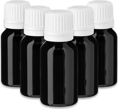 Produktbild von 5x Schwarze Glasflasche 15 ml mit weißem Tropfer leere Tropfflasche