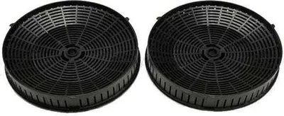 Two black circular carbon filters for a kitchen hood, shown from a slightly elevated diagonal angle against a white background.