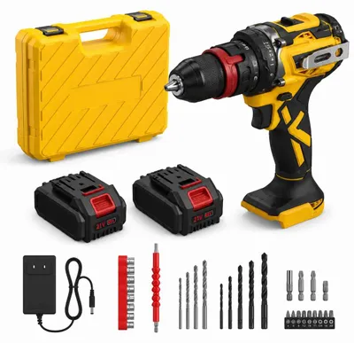 Image de ZELURXX, perceuse-visseuse sans fil 21V, moteur sans balais, couple de 45 N·m, 2 batteries de 2000 mAh, 20+1 réglages de couple, éclairage LED, outil de bricolage