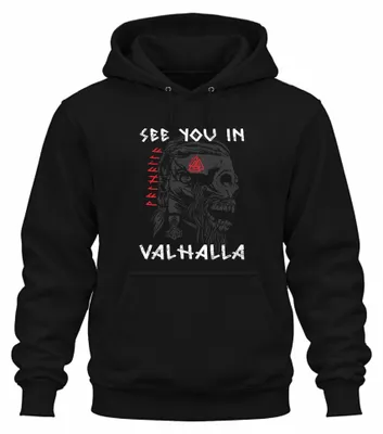 Imagen del producto de Camiseta con capucha uni, estilo nórdico, con motivos vikingos: cráneo, runas, Mjölnir. Color: . Talla: S