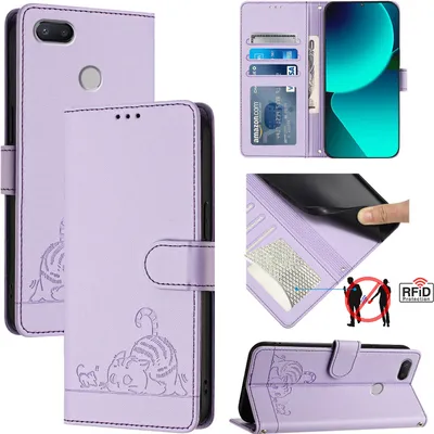 A collage of images showing a purple flip case wallet for a Xiaomi Redmi 6/6A phone, with various angles and features displayed.