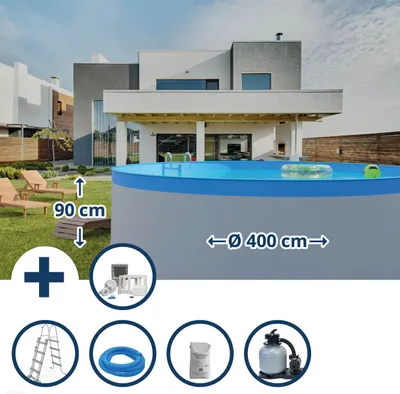 Produktbild von Stahlwandpool Set (6-teilig) hoch rund 400 x 90 cm, Stahl 0,3 mm weiß Folie 0,2 mm blau