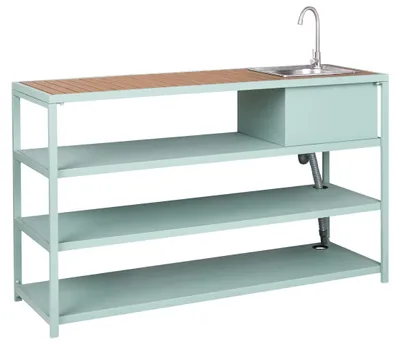 Obrázek produktu pro BELIANI Venkovní kuchyňský regál se dřezem zelený ocel světlé dřevo 159 x 50 x 91 cm páková baterie 3 police zahrada kuchyň jídelna