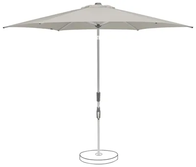 A light gray patio umbrella with a white pole and base, shown against a white background.