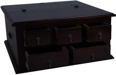 A dark brown wooden chest with multiple drawers.
