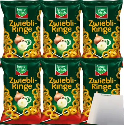 Produktbild von Funny Frisch Zwiebliringe geoldgelbe Maisringe mit herzhaftem Zwiebelgeschmack 6er Pack (6X80g Tüte) + usy Block