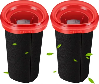 Two black cylindrical filters with red tops are shown against a white background, with green leaf graphics scattered around them.