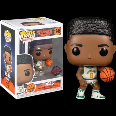 A Funko Pop! vinyl figure of Lucas from Stranger Things, shown both in its packaging and outside of it.
