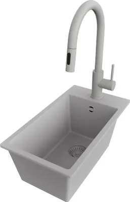 Produktbild von PRIMAGRAN Granitspüle Grau 28x50cm, Spülbecken 1 Becken + Küchenarmatur 40x20cm + Ablauf-Set, Küchenspüle ab 30er Unterschrank - Riga
