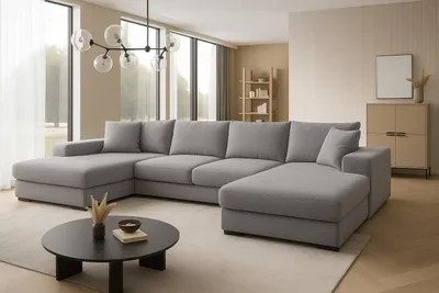 Produktbild von Ecksofa VIENA 328x182 cm mit Schlaffunktion, Bonellfederkern und Bettkasten, Farbe Hellgrau