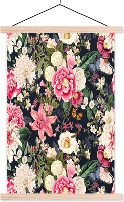 Produktbild von MuchoWow® Textilposter Blumen - Muster - Rosa 120x180 cm mit holzfarbenen Rahmen - Textil-Plakat