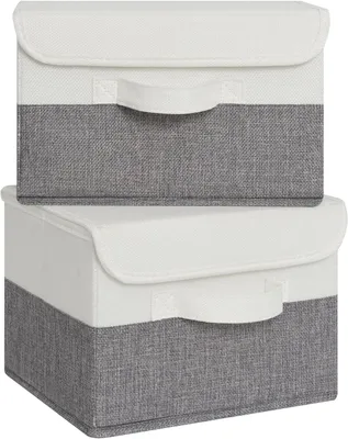 Produktbild von Aufbewahrungsboxen mit Deckel, 2er-Set, faltbar, Stoff, Weiß und Grau, für Kleidung und Spielzeug