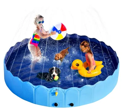 Produktbild von Hundepool 180 cm mit Sprinkler, 0,6 cm dickem faltbarem Planschbecken für Hunde, rutschfestes Hundeplanschbecken, Wasserspielzeug für den Sommer im Freien, Blau