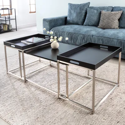Produktbild von Modernes Couchtisch 3er Set ELEMENTS 75cm schwarz Stahl abnehmbares Tablett