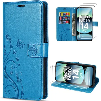 Image de Coque + 2 Verres Trempés pour Xiaomi Redmi Note 14 4G, Protection Synthécuir Bleu Motif Papillon Fleurs