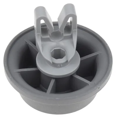 A close-up studio shot of a gray plastic dishwasher lower rack roller.