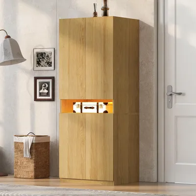Immagine prodotto di Armadio MODFU, 70 x 55 x 180 cm, armadio alto con illuminazione a LED, mobile contenitore con ampio spazio di stoccaggio e appendiabiti, colore legno