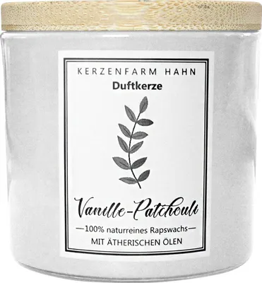 Produktbild von Duftkerze im Glas, Vanille-Patchouli, 100% pflanzliches Rapswachs, KERZENFARM HAHN, mit reinen ätherischen Ölen, Brenndauer ca. 17h