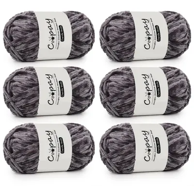 Productafbeelding van Chenille wol voor haken en breien, 6 bollen van 100 gram, donkergrijs, 100% polyester