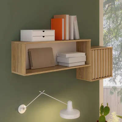 Produktbild von Forte ELISTON Wandregal 120, modernes Wandregal mit Regalfach und Tür, Wohn-/Schlafzimmer, Mauvella Eiche Holzdekor|Kashmir Beige, 121 cm breit x 45,1 cm hoch x 21,9 cm tief