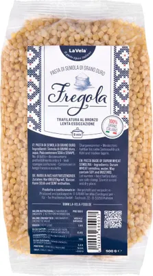 A bag of Fregola pasta with its label.