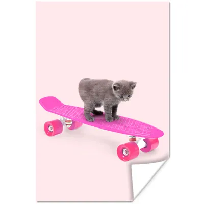 Produktbild von MuchoWow® Poster Katze - Kätzchen - Tiere - Skateboard - Rosa 120x180 cm - Kunstposter