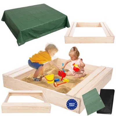 Produktbild von MODO24 Sandkasten Holz, Sitzbänke, Schutzplane, Holzsandkasten, Kinder Gartenspielzeug, Garten, 120x117 cm, Natur Imprägniert, PIA