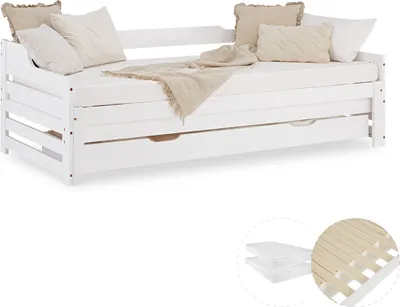 Image de Lit gigogne 90x200 cm Lit banquette avec Matelas 2 places en Bois Blanc Tiroirs Lit d'appoint Lit tiroir Lit d'enfant