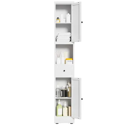 Produktbild von Weißer Badezimmer-Aufbewahrungsschrank, schmaler Metallschrank mit 5 Ebenen, 2 Türen und verstellbaren Böden. Freistehend, platzsparend für Küche, Was