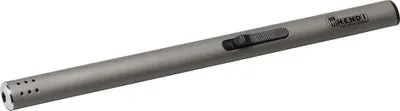 A long, thin, gray gas lighter with a black trigger mechanism and a logo on the side, presented on a white background.