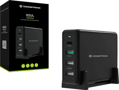 Produktbild von Conceptronic OZUL 4-Port 65W USB-PD Desktop-Ladegerät, Drinnen, AC, 5 V, Schwarz
