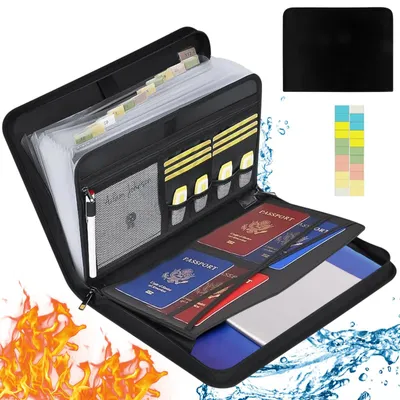Produktbild von Dokumentenmappe im A4-Format, feuerfeste Dokumentenbox, wasserdichte Dokumententasche mit 13 Fächern und mehreren Taschen, mit Reißverschluss für Dokumente und Wertsachen.