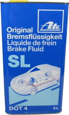 A blue metal can of ATE Brake Fluid SL DOT 4, with an illustration of a car's braking system.