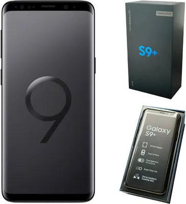 A collage of a Samsung Galaxy S9 Plus phone, its retail box, and a close-up of the phone in its packaging.