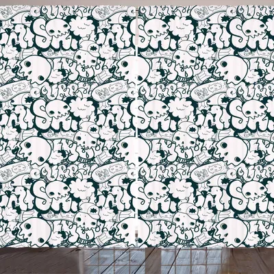 Zdjęcie produktu dla ARANDE Zasłona dla nastolatków, czaszki i deskorolki – fajny graffiti projekt, monochromatyczna ilustracja, 280 x 260 cm, kolor: grafitowy szary biały