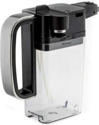 A close-up, side view of a clear plastic milk carafe with a black and metallic gray handle and lid, likely for a coffee machine.