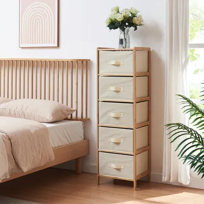 Zdjęcie produktu dla Komoda „Maldon” z 5 szufladami z tkaniny 122 x 37 x 35 cm Komoda z bambusową ramą Naturalny/beżowy