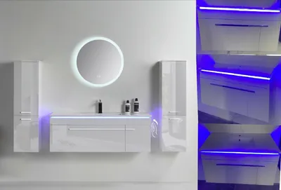 Produktbild von Badmöbel Set 90cm Weiß Hochglanz Keramik Becken runder LED Spiegel Badezimmermöbel