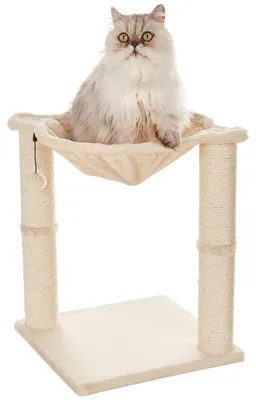 Imagen del producto de Árbol para gatos Amazon Basics con caseta, hamaca, cama y poste rascador, 41 x 51 x 41 cm, color beige