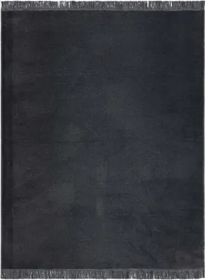 A dark gray blanket with fringes on the top and bottom edges.
