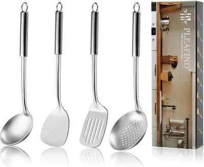 Produktbild von 4-teiliges Kochgeschirr-Set, Edelstahl-Küchenhelfer mit Suppenkelle, Schaumlöffel, Pfannenwender und Wokpfannenwender, hitzebeständige Griffe