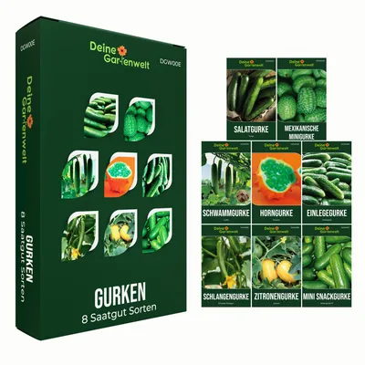 Produktbild von Gurkensamen Set - 8 Sorten Samen - Saatgut Sortiment - Anzuchtset für Gurken - Geschenkset - Salatgurke, Zitronengurke, Mexikanische Minigurke, Schwammgurke, Snackgurke, Schlangengurke, uvm.