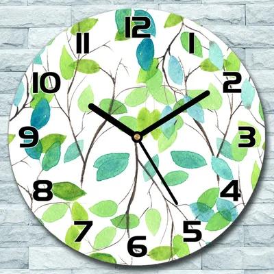 Produktbild von Wanduhr aus Glas Rund fi 30 Grüne Blätter Kunst Quarz Deko Schlafzimmer Büro
