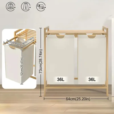 Image de Panier à linge en bambou - 72 litres - Avec espace de rangement - 2 sacs en tissu Oxford amovibles - Deux compartiments - Tissu respirant - Beige