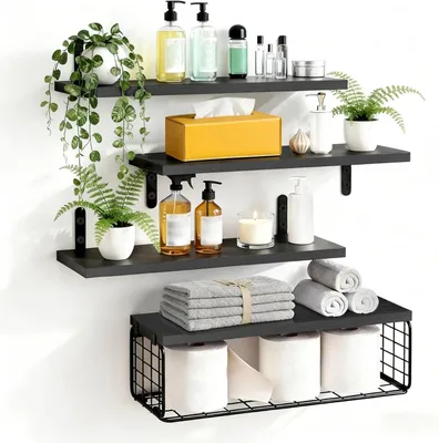 Productafbeelding van Wandplank hout 40 cm, set van 3 zwevende planken, zwart, voor slaapkamer