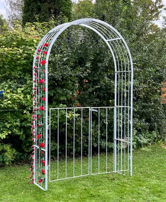 Produktbild von DanDiBo Rosenbogen Verzinkt Massiv mit Tor Tür 140 cm Torbogen 96517 Wetterfest Rundbogen Volleisen Rankhilfe Gartenbogen Feuerverzinkt