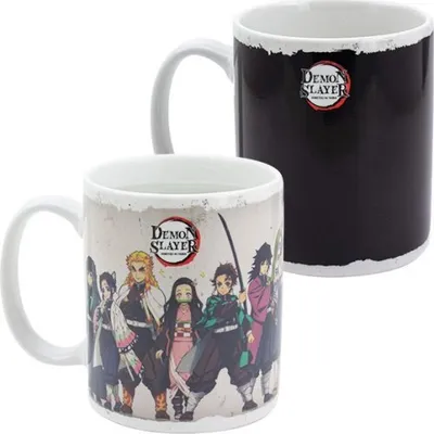 Two Demon Slayer mugs are shown against a white background. One mug is in the foreground with characters printed on it, and the other is in the background, appearing to be a heat-sensitive mug that turns black when cold.