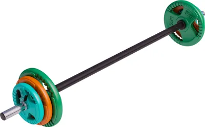 Produktbild von GORILLA SPORTS® Langhantel Set 19,3 kg - Aerobic, 130 cm, mit 6 Hantelscheiben, 2x1,25 kg, 2x2,5 kg, 2x5 kg Gewichte, 30mm, Gusseisen gummiert, Federverschlüsse - Hantelset, Pump Set, Langhantelset